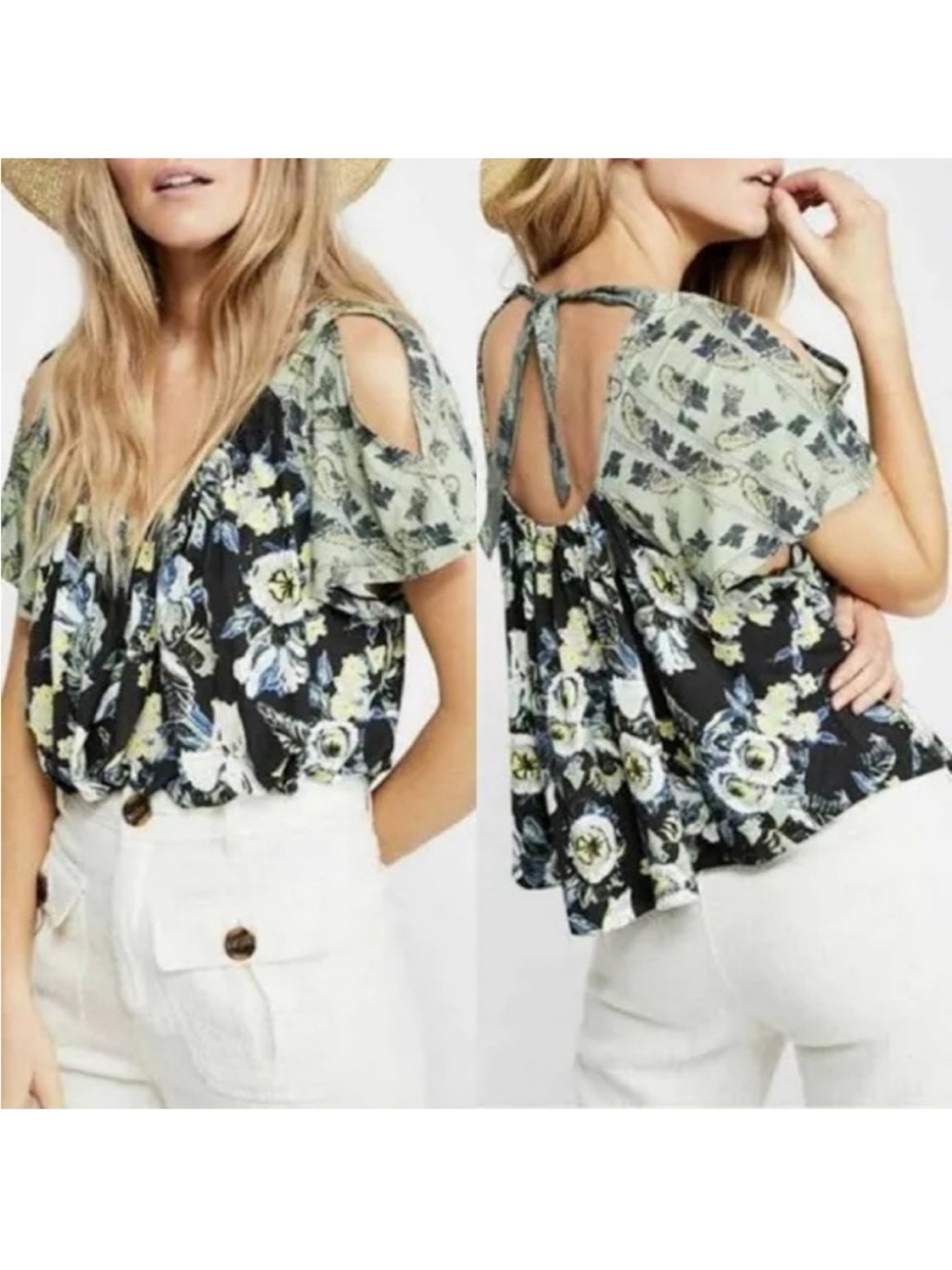 Free people Baja babe cold shoulder floral blouse medium